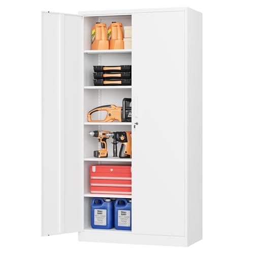Image of STANI Metal Garage Storage Cabinet with Lock, 71" Steel Lockable File Cabinet, Locking Steel Storage Cabinet with 5 Adjustable Shelves for Home, Office, Warehouse, Garage, School (White)