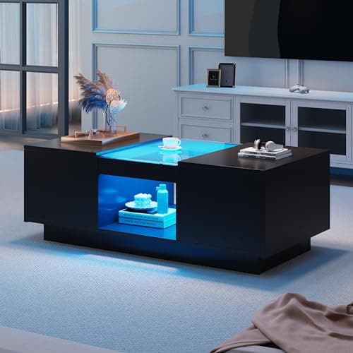 Image of BTM High Gloss Coffee Table with Storage, LED Light and 2 Tiers & 2 Drawers, Black Modern Rectangle Coffee Table with Drawers for Living Room, Black