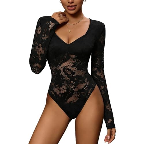 Image of ADUDVLO Women's Sexy Lace Bodysuit Black Long Sleeve Deep V Lingerie Body Suit Going Out Tops Date Night Clubbing Outfits (black, M)
