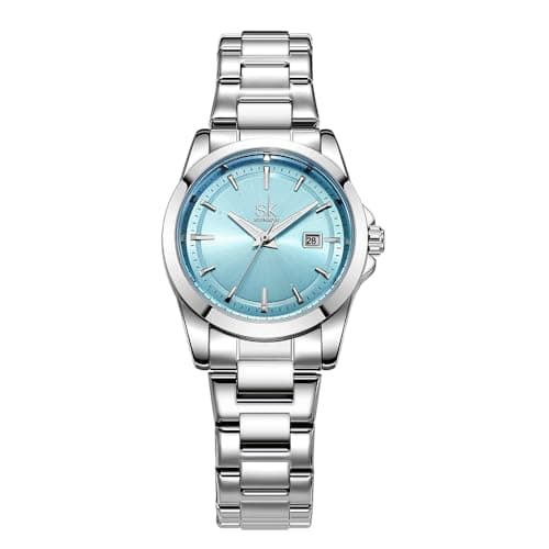 Image of SHENGKE Minimalist Quartz Watches for Women with Date Stainless Steel Bracelet and Fashionable Color Dial (Silver-Blue)
