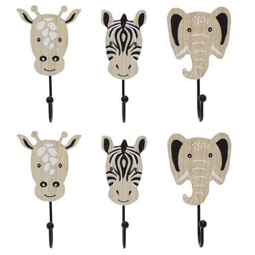 Image of Carousel Home Set of 6 Safari Animal Wooden Wall Hooks, Kids Jungle Nursery Coat Hooks with Zebra Giraffe Elephant and Black Metal Hooks