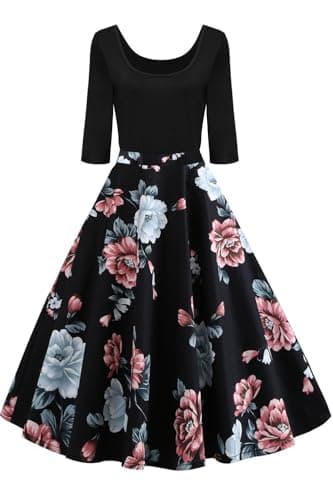 Image of AXOE Women 50s Style Floral Vintage Rockabilly Dress 3/4 Sleeves Black with Flower Print F6B, UK Size 14, L