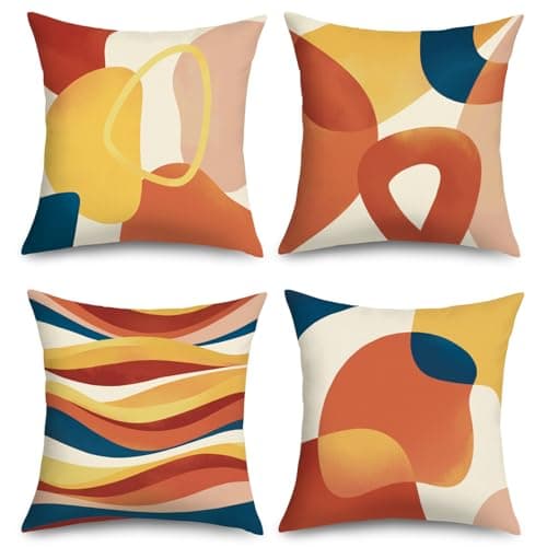 Image of Joymaison Orange Mid Century Abstract Modern Art Cushion Covers 45 x 45 Pack of 4 Colorful Irregular Geometric Artistic Square Throw Pillow Case Decorative Sofa Cushion with Invisible Zipper