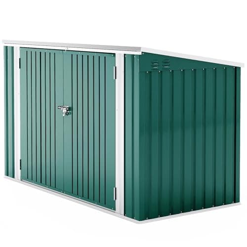 Image of XEMQENER Lockable Garden Storage Shed, Outdoor Bike Shed with Door and Roof, Metal Galvanized Steel Pent Tool Storage Sheds for Bikes, Garbage Bins, Green (D105x W210x H130cm)