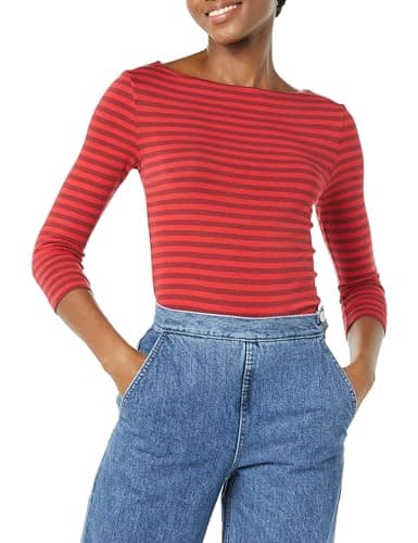 Image of Amazon Essentials Women's Slim-Fit 3/4 Sleeve Solid Boat Neck T-Shirt, Red Burgundy Stripes, M