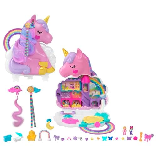 Image of Polly Pocket Mini Toys, Rainbow Unicorn Salon Styling Head and Playset with 2 Micro Dolls, 20+ Accessories and Moving Features, HMX18