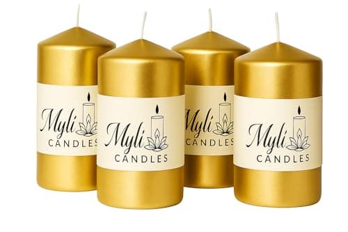 Image of Long Lasting Unscented Metallic Gold Pillar Candle - 25 Hours Burn Time - 5 x 10 cm, 4 Pack