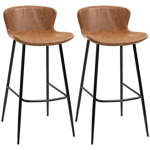 Image of HOMCOM Bar Stools Set of 2, PU Leather Upholstered Bar Chairs, Breakfast Kitchen Counter Chairs with Backs, Steel Legs and Footrests for Dining Room, Brown