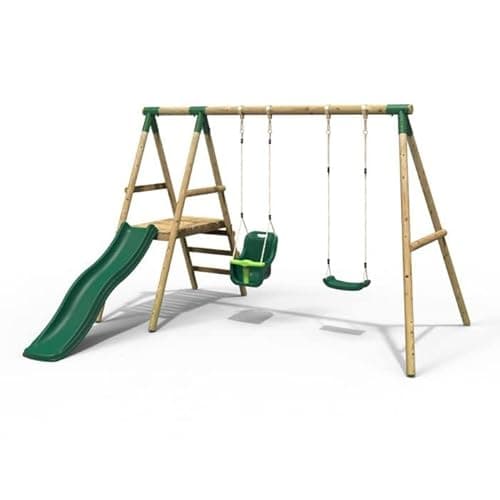 Image of Rebo® Odyssey Wooden Swing Set with Platform and Slide Green - Odyssey | with 6FT Slide, Baby Swing and Swing Seat | Garden Swing Children | OutdoorToys | Sturdy Construction