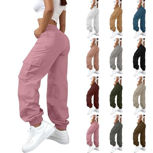 Image of Women's Cargo Trousers Elasticated Waist - High Waisted Hiking Walking Pants with Multi-Pockets Cargo Pants Baggy Summer Outdoor Trousers Lightweight Casual Work Bottoms S-4Xl Pink