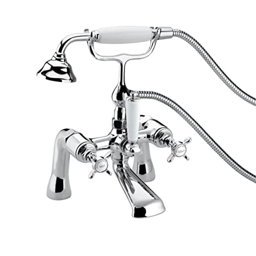 Image of Bristan 1901 Pillar Bath Shower Mixer with Shower Hose and Rub Clean Handset, Bathroom Bathtub Basin Tap, Chrome - N BSM C CD