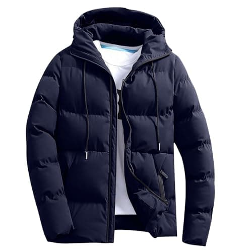 Image of Men's Puffer Jacket Casual Full Zip Long Sleeve Hooded Coats Warm Solid Color Drawstring Quilted Down Jackets Lightweight Padded Outerwear for Cold Weather Fashion Streetwear Parkas Outwear