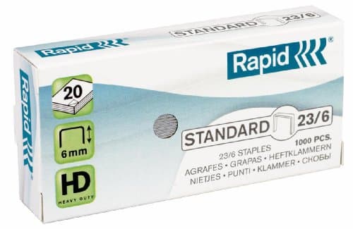 Image of Rapid 23/6mm Standard Staples, For Stapling up to 20 Sheets, Use with Heavy Duty Staplers, Galvanised Wire, Box of 1000, 24869100