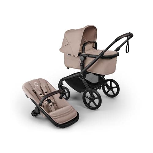 Image of Bugaboo Fox 5 Renew All-Terrain Stroller, 2-in-1 Baby Pushchair, Full Suspension, Easy Fold, Extendable Toddler Seat, One-Handed Manoeuvrability, Black Chassis and Desert Taupe Melange Canopy