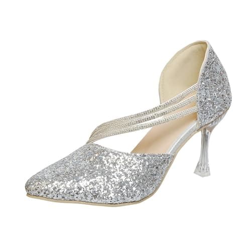 Image of Women's Glitter Pumps Closed Pointed Toe Kitten Heels Elegant Court Shoes Ankle Wrap Sequins Sparkly Party Wedding Dress Shoes for Women Ladies Size 7 B0#_Silver