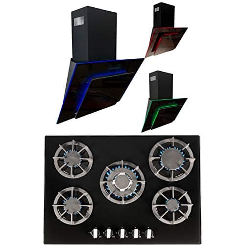 Image of SIA 70cm Black 5 Burner Gas On Glass Hob & Multi Colour LED Angled Cooker Hood