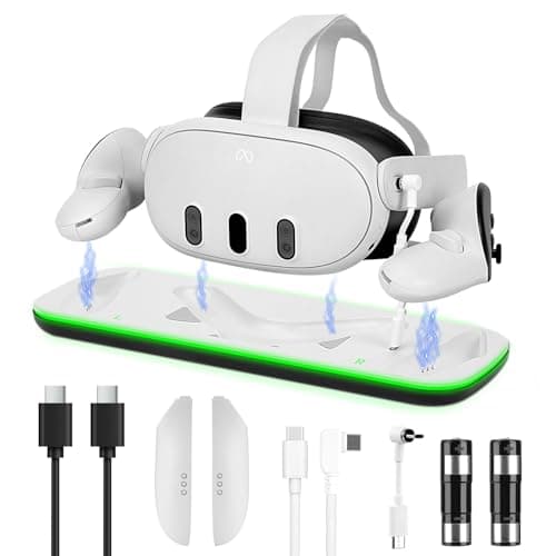Image of Helmsyde VR Charging Dock for Meta Quest 3S/Quest 3, Fast Charging Station with LED Indicator, Magnetic Charging Dock Station for VR Headset & Controllers, with 2 Rechargeable Batteries