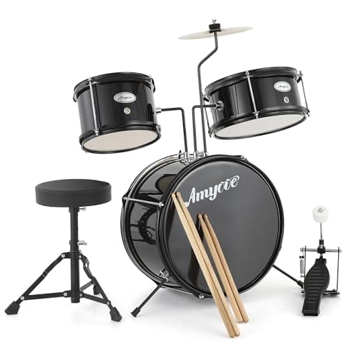 Image of Junior Drum Kit 5-Piece, Complete Kids Beginner Drum Set with Snare, Bass Drum, Toms, Hi-Hat, Crash Cymbal, Stool & Sticks – Ages 3-10, Black
