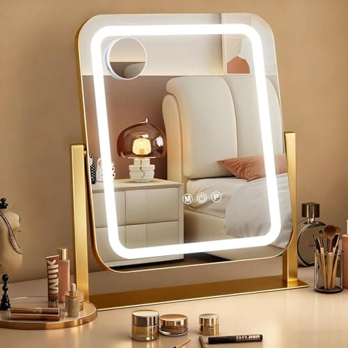 Image of Ratsamee Vanity Mirror with Lights, 50 x 40 CM Led Makeup Mirror with 3 Color Dimmable Lights, Smart Touch Screen Control, USB Charging Port,Gold