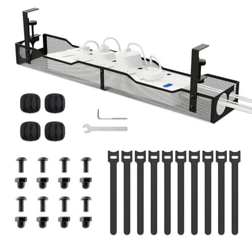 Image of Sythrix Cable Management, 25'' Long Under Desk Cable Management Tray No Drill, Metal Cable Tidy with Clamp, Desk Cable Management for Home Office Kitchen, Black