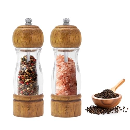 Image of DingGreat 2 pcs Salt and Pepper Grinder Set Wooden(16cm), Acrylic Refillable and Adjustable Pepper Grinder, Manual Spice Mill for Kitchen