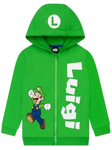 Image of Super Mario Boys Hoodie, Green Luigi Boys Jumper, Zip Up Kids Hoodie, Gaming Kids Hoodies, Green 11-12 Years