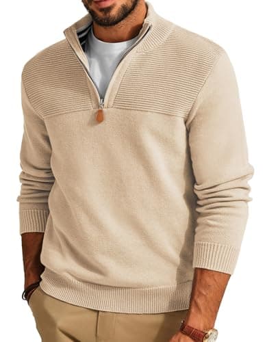 Image of PaulJones Mens Jumpers 1/4 Zip Tops Casual Knitted Jumper Mock Neck Golf Jumpers M Apricot