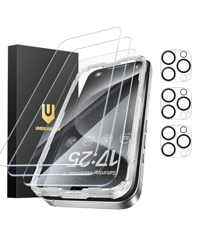 Image of UNBREAKcable iPhone 15 Pro Max Screen Protector 3-Pack, Upgraded Dual-Tempered Glass + 3 Camera Lens Protectors, Military-Grade 9H Hardness, HD Clarity, Anti-Fingerprint, Case Friendly, 6.7 Inch
