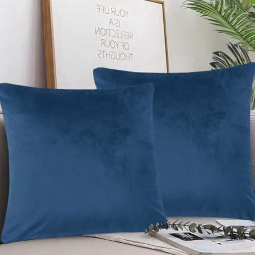 Image of AMFUN Set of 2 Velvet Cushion Covers, Navy Blue 45 x 45 cm Luxury Velvet Square Throw Pillow Cases, Decorative Throw Pillowcases with Invisible Zipper, for Livingroom Sofa Bedroom