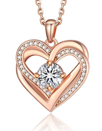 Image of MomentWish Double Heart Rose Gold Necklace, Moissanite Diamond Silver Necklaces for Women Gift for Women Mum Wife Jewellery