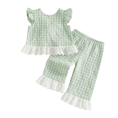 Image of Loalirando Toddler Baby Girl Clothes Spring Summer Outfit Plaid Print Flying Sleeve Ruffle Tops + Pants 2Pcs Set (Green, 2-3T)