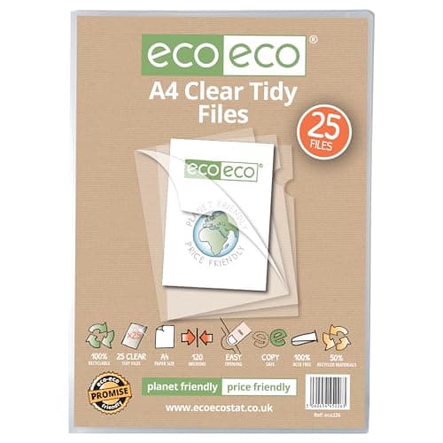 Image of eco-eco A4 50% Recycled Bag 25 Tidy Report Files, 120 Micron Open Top & Side Covers File Wallets Clear Cut Flush, eco226