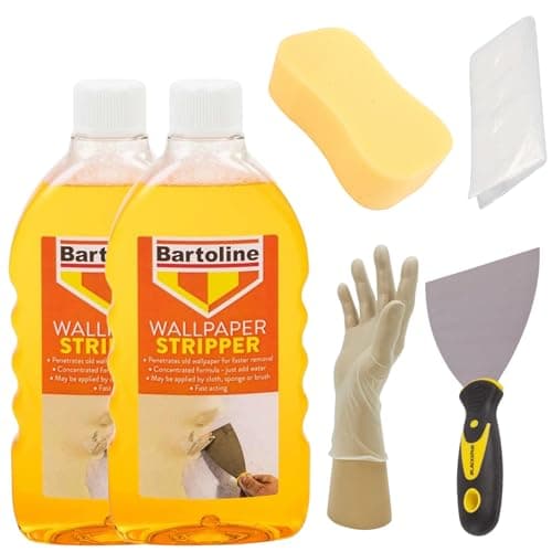 Image of Wallpaper Stripper Bundle - 2 x 500ml Bartoline Wallpaper Remover Bottles, Blackspur 4" Scraper with Non-Slip Grip, Thick 2' Sponge, Gloves & Dust Sheet | Ultimate Wallpaper Removal Kit