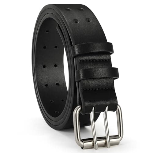 Image of VONMELLI Mens Leather Double Prong Belt Casual Work Belts for Men Heavy Duty Dual Holes for Jeans Pant Black XL