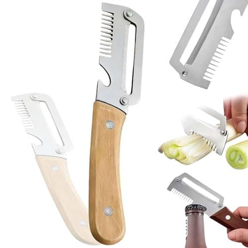 Image of 3 in 1 Multi Functional Vegetable Peeler with Scallion Slicer & Bottle Opener and Wooden Handle Stainless Steel Blade Kitchen Tool for Cane Potato Fruit Pineapple Pumpkin Papaya Carrot Veggie Peeler