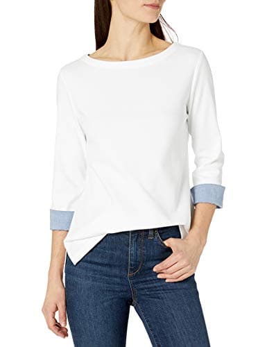 Image of Nautica Women's Boatneck 3/4 Sleeve 100% Cotton Shirt, Bright White, Large