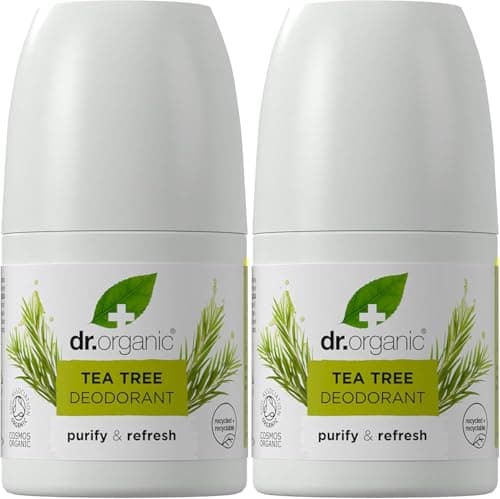 Image of Dr Organic Tea Tree Deodorant Pack of 2 x 50ml - Roll On, Aluminium Free, Natural Deodorant, Vegan, Paraben & SLS-Free, Certified Organic, 50ml