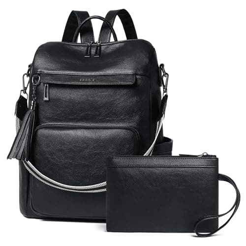 Image of Shrrie Vegan Leather Backpack for Women Backpack Purse 15.6 inch Womens Laptop Backpack for College Travel Work-Two-tone Black
