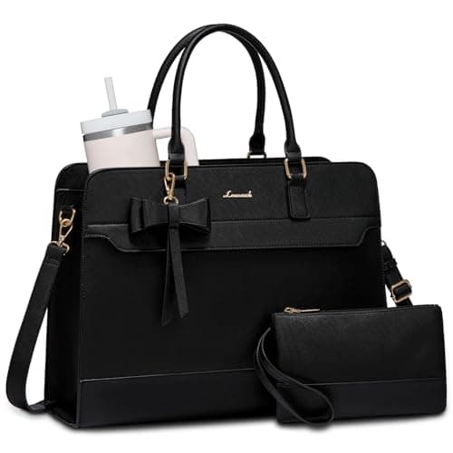 Image of LOVEVOOK Laptop Bags for Women, 15.6 Inch Ladies Handbags Large Work Tote Bags with Compartments, PU Leather Womens Handbag Shoulder Bag for Office School Business Shopping, Black