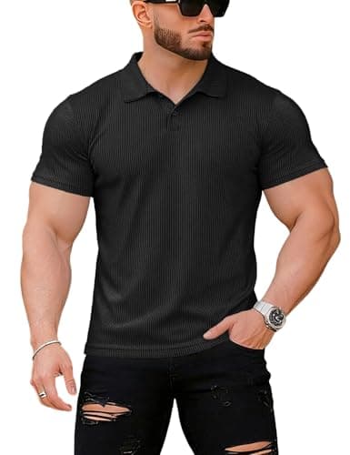 Image of Muscle Cmdr Men’s Slim Fit Muscle Polo Shirt Short Sleeve Stretch Casual Golf Athletic Top (Black M)