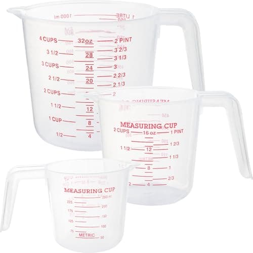 Image of Lekeeu Plastic Measuring Jugs 3PCS, Kitchen Baking Jugs Set, Measuring Cups Set 250ML/500ML/1000ML Clear Measuring Cup with Handle Plastic for Cooking Baking, Stackable Multi-Purpose Flour