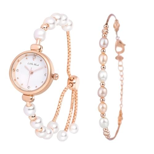 Image of JewelryWe Pearl Bracelet Watch Set: Ladies Rose Gold Waterproof Quartz Adjustable Casual Cuff Stainless Steel Elegant Round Dial Analog Bangle Watch Mother's Day Jewellery Gift