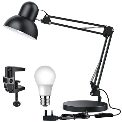 Image of LONGTOO Bigger Table Lamp with E27 Screw Bulb, Flexible Clamp on Desk Light, Adjustable 65cm Swing Arm Light for Office, Bedside, Studying, and Reading