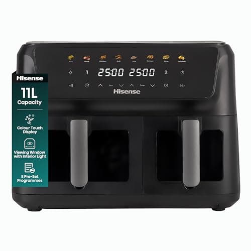 Image of Hisense 11L Dual Zone Air Fryer - 2700W Energy-Saving Colour Touch Display Cooker with 8 Cooking Functions - Fries, Steak, Chicken, Grill, Fish, Shrimps, Pizza, Dehydrate, Black
