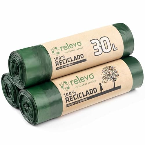 Image of Relevo Green Drawstring Bin Bags - 30L (Width 55 cm x Height 60 cm), 45 Bags (3 Rolls × 15 Bags) | Extra Strong Bin Liners| 100% Recycled LDPE from Greenhouses | Blue Angel Certified