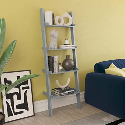 Image of Vida Designs York 4 Tier Ladder Bookcase - Leaning Shelf Display Storage Unit with Open Shelves - Modern Bookshelf for Living Room, Bedroom or Home Office - Grey - H 154 x W 56 x D 29 cm