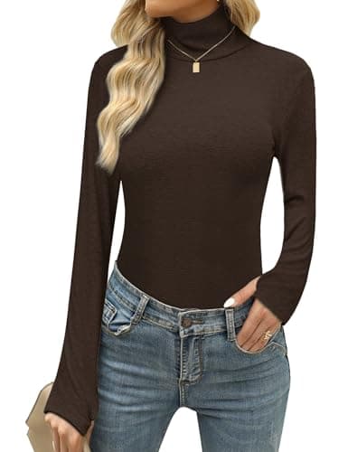 Image of Terecey Women Turtleneck Shirt Long Sleeve Thermal Underwear Tops Winter Shirts Slim Fit Stand-up Collar with Thumb Hole Underwear Ladies Tops, Brown M