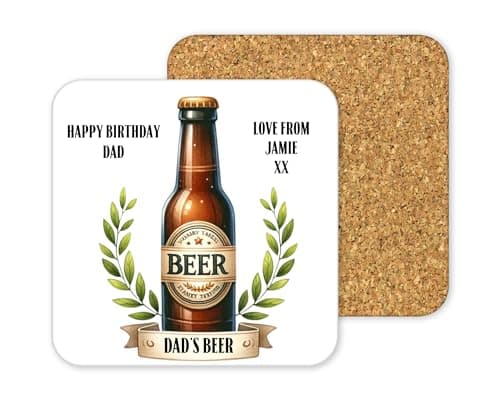 Image of Personalised Cork-Backed Drinks Coaster, Square 9.6cm Drink Mat, Customisable Design for Birthday, Special Occasion Gifts, White Surface with Protective Base (Beer Bottle)