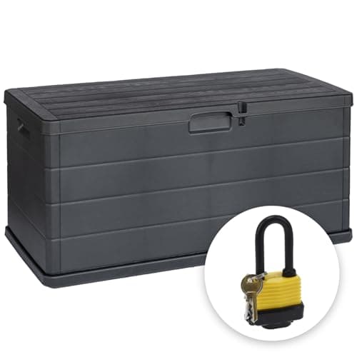 Image of idooka Plastic Garden Storage Box - Large 340L Capacity - Dark Grey Faux Wood Panelling Design - Weatherproof Outdoor Storage Box for Patio Cushions, Tools, Toys, and Other Garden Accessories