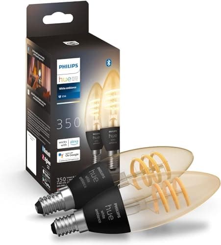 Image of Philips Hue Filament Candle 2 Pack White Ambiance LED Smart Light Bulb [E14 Small Edison Screw] 4.9W for Indoor Home Lighting. Bedroom, Livingroom and Dining.
